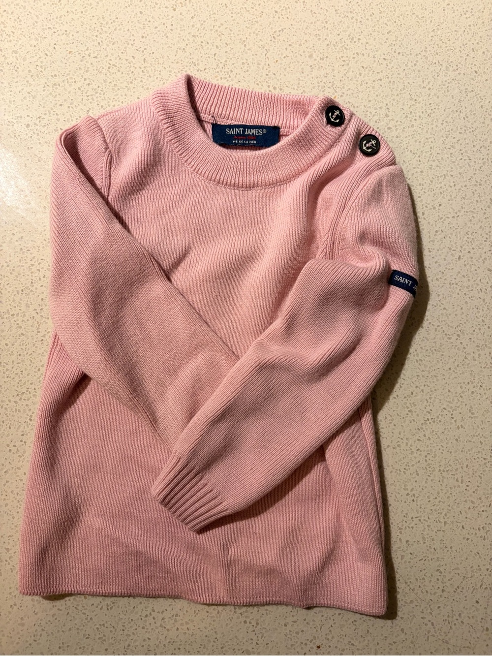 Saint James Light Pink Button-Shoulder Crewneck Sweater